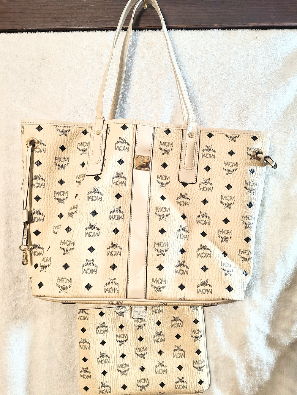 MCM Cream Logo Canvas Shopper Tote with Pouch